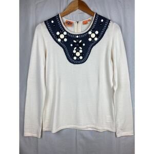 Womens Tory Burch Embellished Long Sleeve Sweater size Large 100% Merino Wool